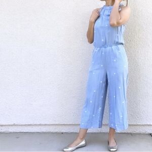 Anthropologie Cloth & Stone sz. M Chambray Polka Dot Jumpsuit Cropped Wide Leg